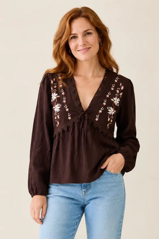 Embroidered Crochet Lace Trim Blouse