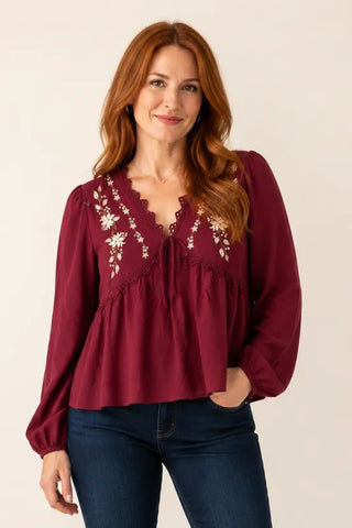 Embroidered Crochet Lace Trim Blouse