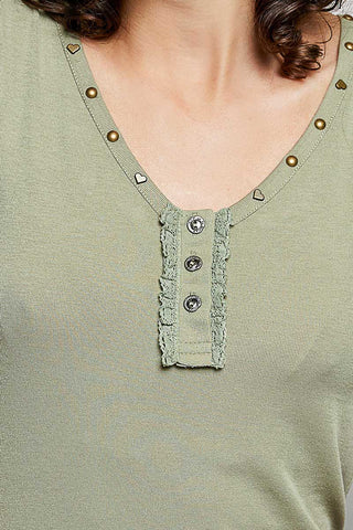 POL Studded V-Neck Lace Trim Tank