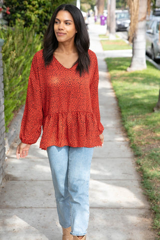 Rust Leopard Wool Dobby Woven Knit Top