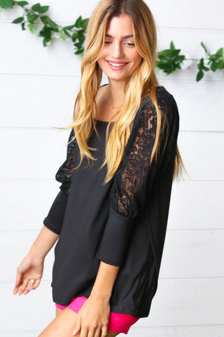 Black Lace Three Quarter Bubble Sleeve Top