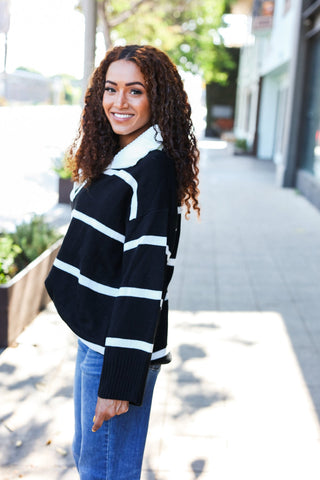 Fall For You Black Stripe Notched Neck Collared Oversized Sweater