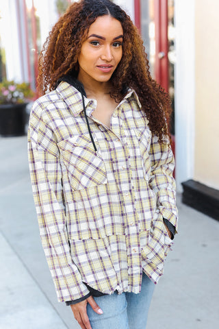 Casual Living Taupe & Yellow Plaid Two Fer Shacket Hoodie