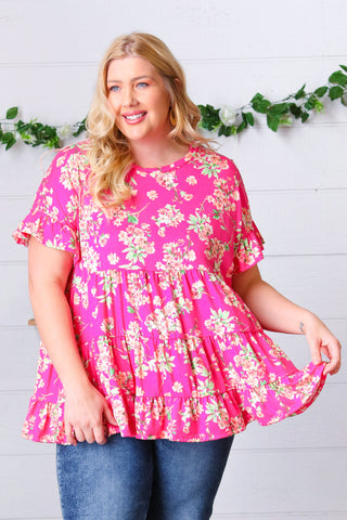 Fuchsia Floral Frill Ruffle Hem Tiered Swing Top