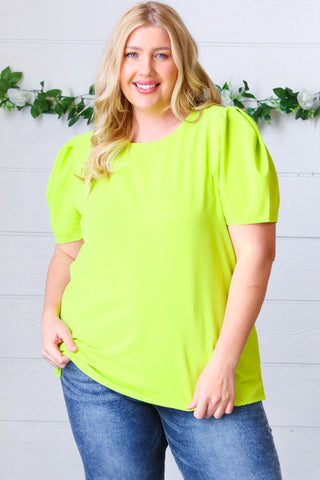 Neon Green Round Neck Puff Sleeve Crepe Top