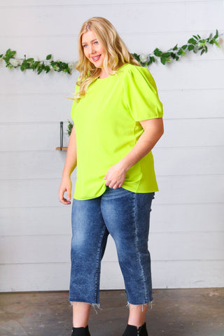 Neon Green Round Neck Puff Sleeve Crepe Top