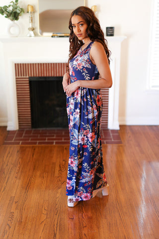 Navy Floral Fit and Flare Sleeveless Maxi Dress (Copy)