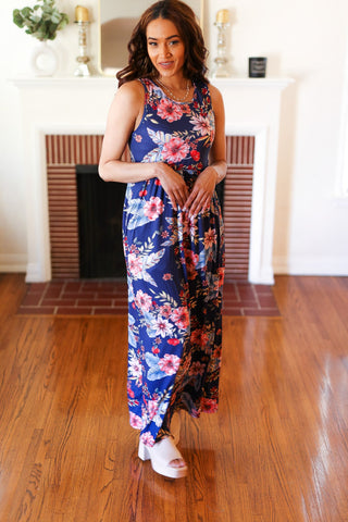 Navy Floral Fit and Flare Sleeveless Maxi Dress (Copy)