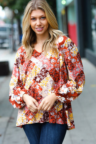 Rust Harvest Floral Patchwork V Neck Blouse