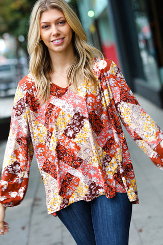 Rust Harvest Floral Patchwork V Neck Blouse