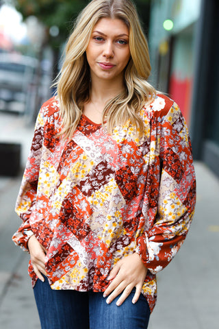 Rust Harvest Floral Patchwork V Neck Blouse