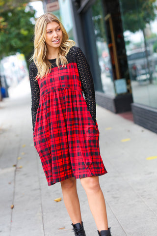 Red & Black Holiday Checker Plaid Eyelet Twofer Midi Dress