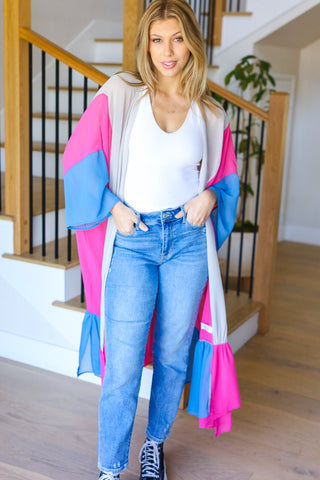 Taupe & Fuchsia Color Block Ruffle Hem Kimono