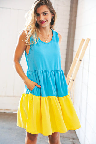 Blue Flare Color Block Tiered Woven Dress