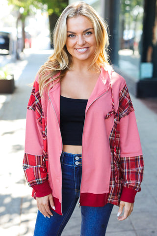 Adorable in Marsala Plaid Color Block Zipper French Terry Hoodie