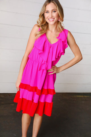 Fuchsia Ruffle V Neck Crepe Tiered Midi Dress