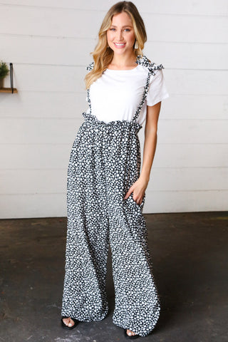 Black & White Animal Print Wide Leg  Frilled Jumpsuit