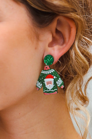 Green Christmas Sweater Acrylic Dangle Earrings