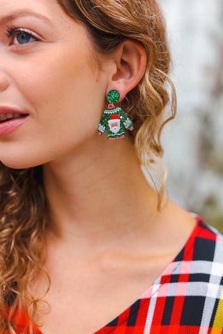 Green Christmas Sweater Acrylic Dangle Earrings