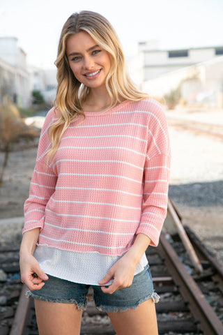 Blush Stripe Waffle Textured Back Keyhole Top