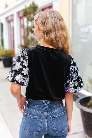 Feeling Glamorous Black Floral Sequin Puff Sleeve Velvet Top