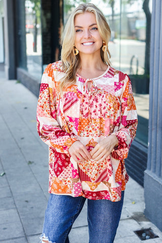 Rust & Magenta Patchwork Print Front Tie Boho Top