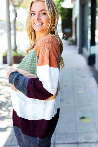 Put Together Plum & Olive Color Block Open Cardigan