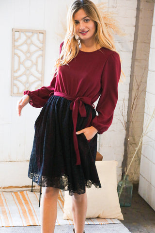 Maroon & Black Lace Overlay Sash Tie Dress