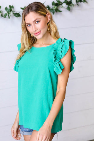 Kelly Green Double Ruffle Sleeve Crinkle Top