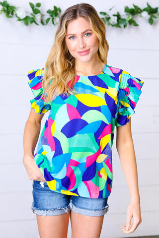 Multicolor Geo Smocked Ruffle Frill Sleeve Top