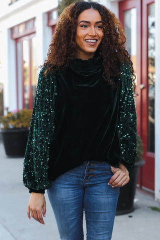 Under the Lights Green Velvet & Sequin Frill Mock Neck Top