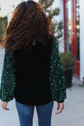 Under the Lights Green Velvet & Sequin Frill Mock Neck Top