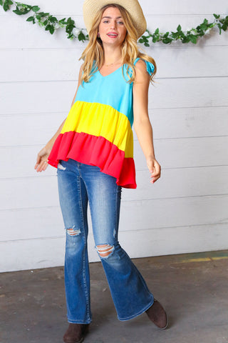 Multicolor Tiered Shoulder Tie Bow Crepe Top