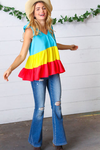 Multicolor Tiered Shoulder Tie Bow Crepe Top