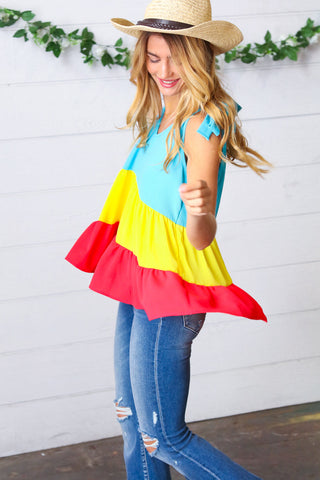 Multicolor Tiered Shoulder Tie Bow Crepe Top