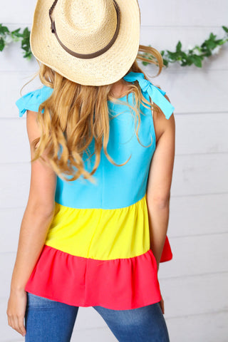 Multicolor Tiered Shoulder Tie Bow Crepe Top