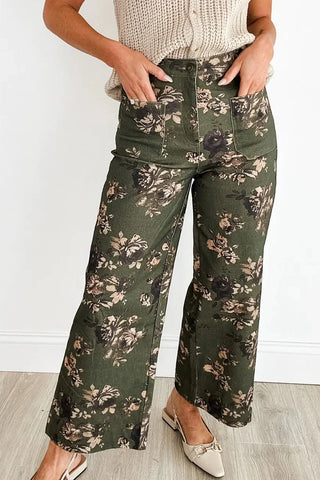 Olive Green Floral Wide-Leg Pants