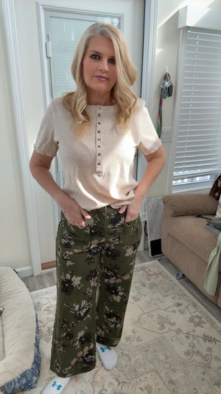 Olive Green Floral Wide-Leg Pants