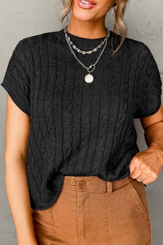 Black Short Sleeve Cable Knit Sweater