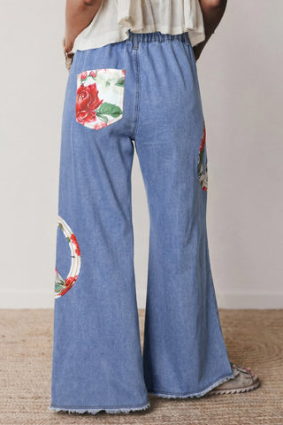 Flower Power Peace Sign Wide Leg Jeans