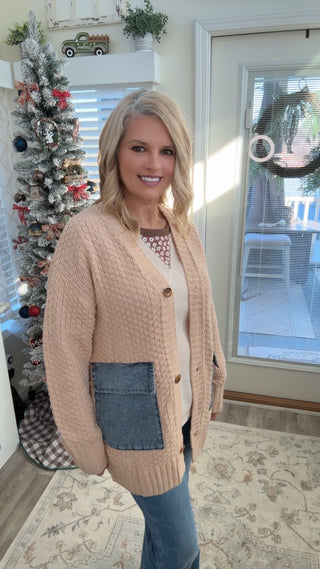 Denim Pocket Textured Knit Cardigan