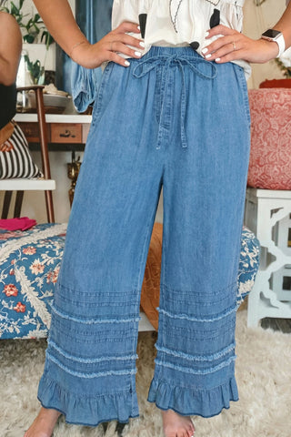 Ruffle & Roll Denim Wide-Leg Pants
