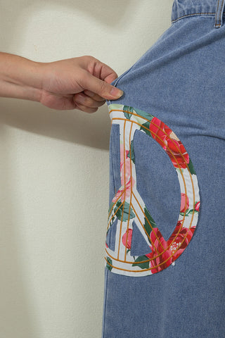 Flower Power Peace Sign Wide Leg Jeans