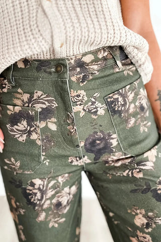 Olive Green Floral Wide-Leg Pants
