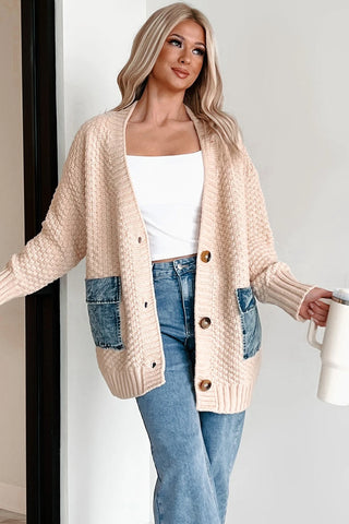 Denim Pocket Textured Knit Cardigan