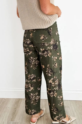 Olive Green Floral Wide-Leg Pants