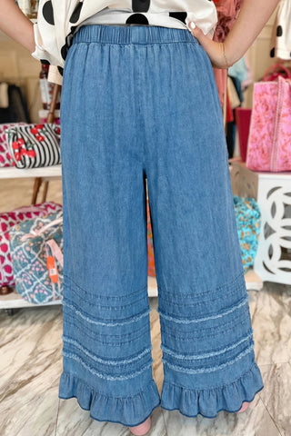 Ruffle & Roll Denim Wide-Leg Pants