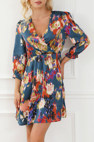 Abstract Print V Neck Puff Sleeve A-line Dress