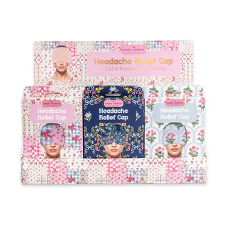 Display of Simply Southern Headache Relief Caps in pink patchwork, navy floral, and light floral prints.