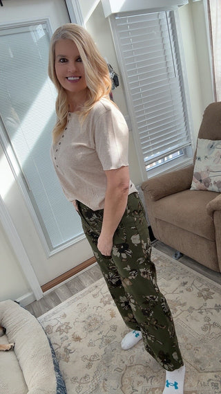 Olive Green Floral Wide-Leg Pants